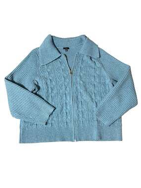 Talbots Plus Size 2X Blue Cable Knit Full Zip Mock Neck Sweater Cardigan